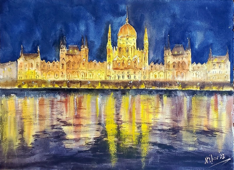Original Watercolor Painting Budapest Parliament Hungary Night Cityscape FineArt gallery