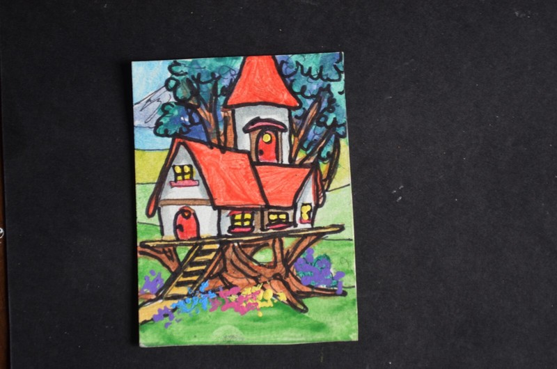 ACEO ORIGINAL ART CARDS Watercolor mixed media Treehouse Red roof signed
