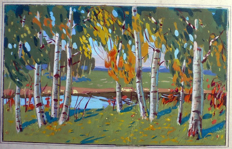 Gouache Painting Cardboard Birch Thicket Berkut K Original Unframed Wall nKork38