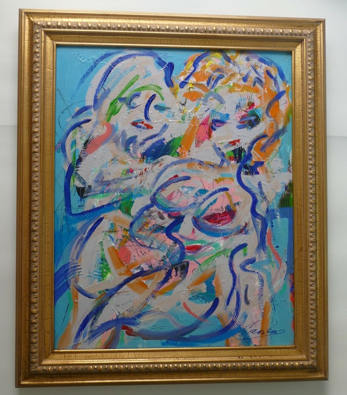 Modern art abstract acrylic painted gallery finish with frame gold ready to hang