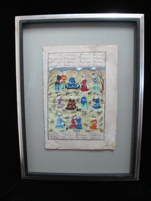 Antique PERSIAN Illuminated MANUSCRIPT Mughal Art MUSICIANS in Garden Painting