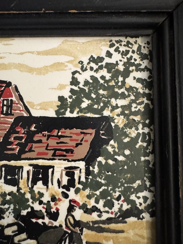 Framed Hand Painted Tile Rural Cottage Scene Art - Duze gallery