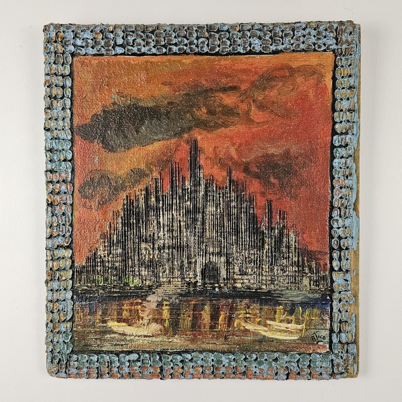 Antique Vintage Original Signed Painting 18×16 Abstract Temple Art Heavy Texture