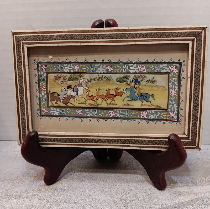 VTG Persian Miniature Painting in Khatam Marquetry Frame Hand-Painted