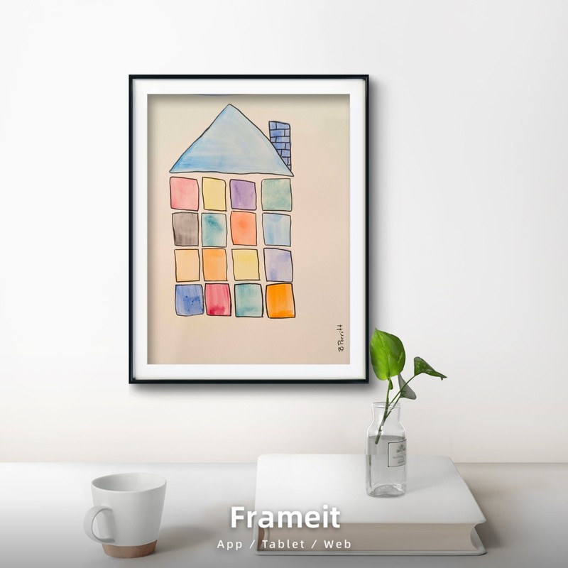 Original, coa, signed, "cube house" mixed media painting on 9x12 paper abstract gallery