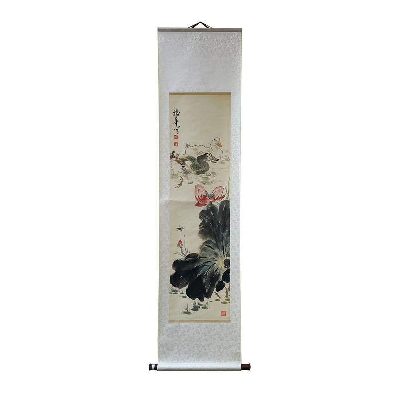 Chinese Color Ink Water Ducks Flower Pond Scroll Painting Wall Art ws1972