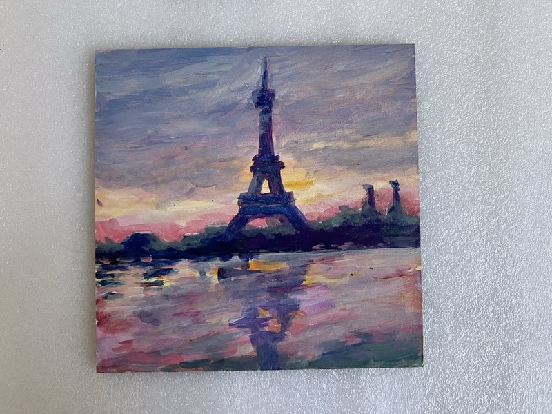 Original Acrylic Abstract Painting 6” X 6” Panel Paris Eiffel Tower Landscape