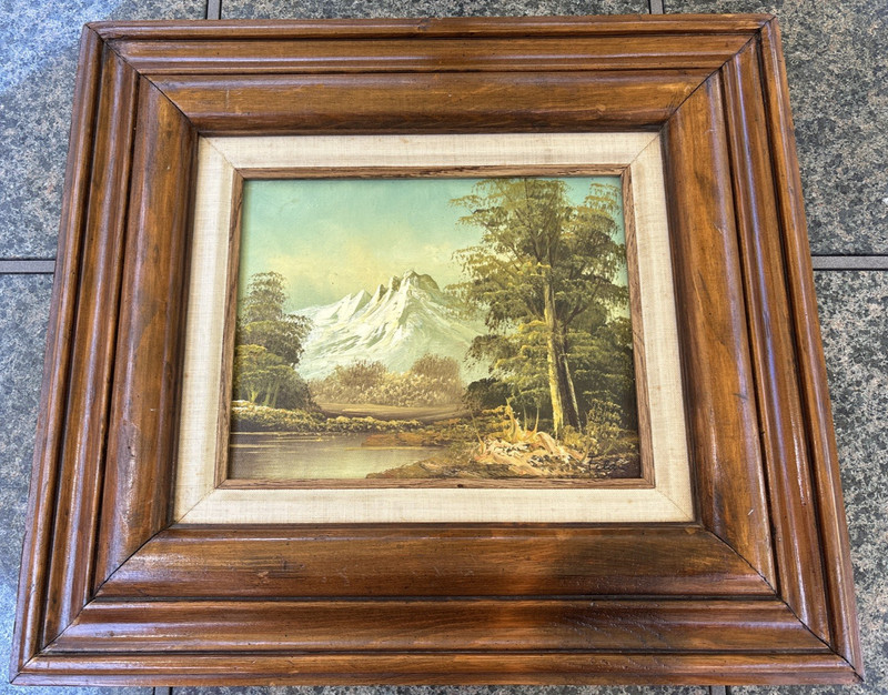 Vtg Oil Painting Mountains-Trees-Lake 8″x10″ Wood Frame 16.5″x18.5″Signed