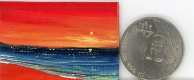 ORIGINAL 1×1.5 Acrylic Dollhouse Painting Mini Beach Shore Sunset Sea HYMES