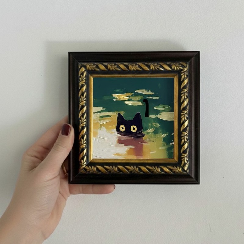 Original Handmade Framed Oil Painting Cat Wall Decoration