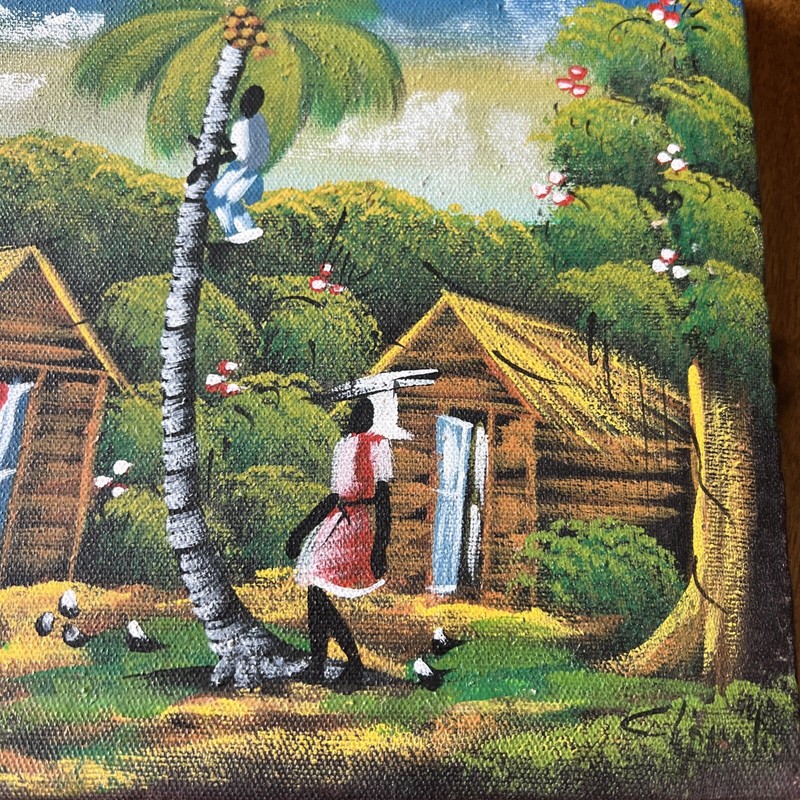 2 Vintage Haitian Genre Oils of wooden huts with people working illegibly signed gallery