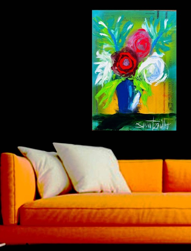 ROSES FLOWER VASE Original acrylic /cardboard POP ART colorful SWARTZMILLER DNA gallery