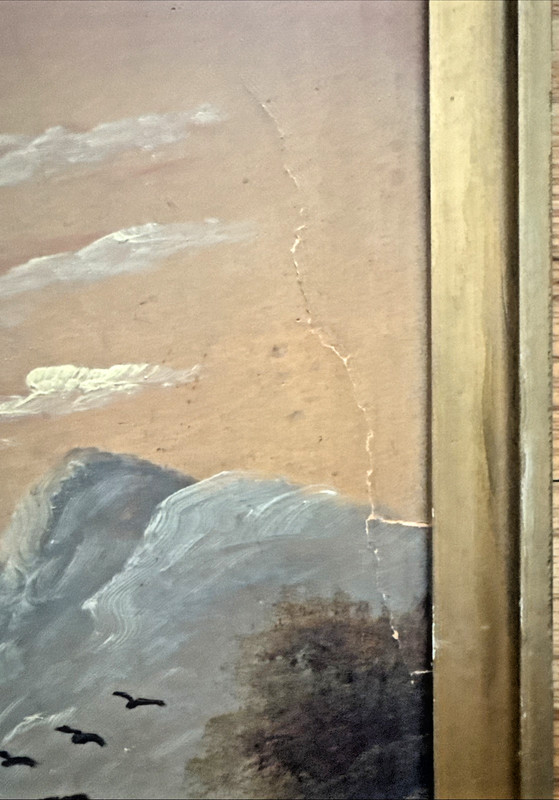 Vintage Signed Oil on Board Landscape 21x17 Framed Mountain Lake Cottage Art gallery