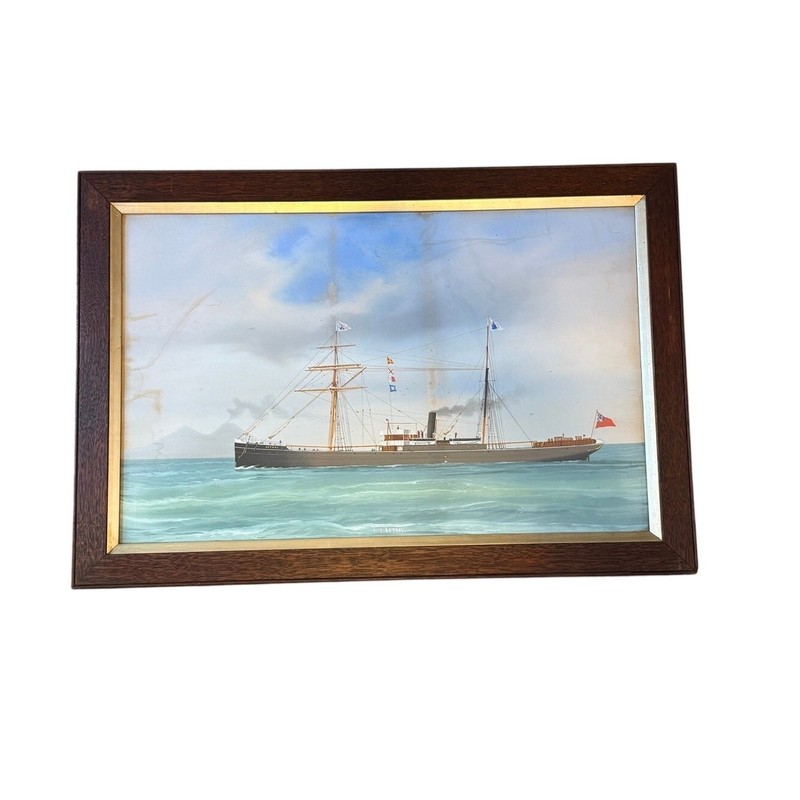 Antique SS Bothal Merchant Steamship Pierhead Portrait Painting Wood Board Back