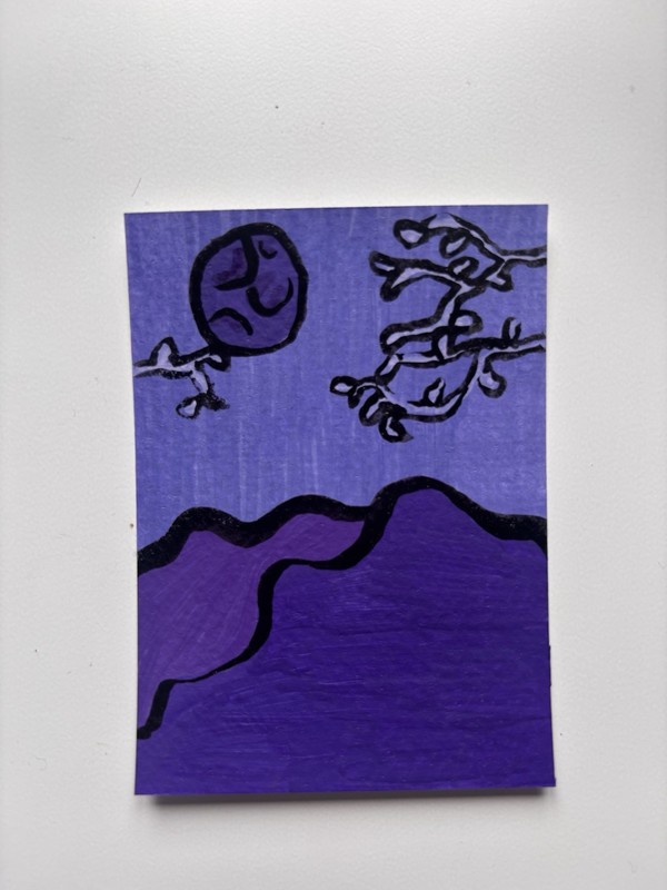 ACEO Watercolor Paper Acrylic Painting Original Mini Art ATC Title Purple Night