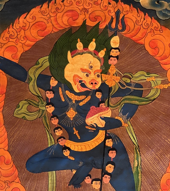 SIMHAMUKHI LION FACED YOGINI ORIGINAL OLD OIL VARNISHED TIBETAN THANGKA PAINTING gallery