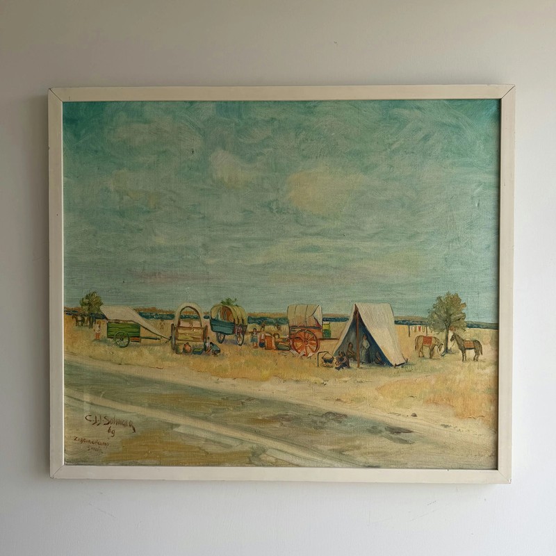 Refined Landscape Oil Painting «Covered Wagons» Authentic Artwork