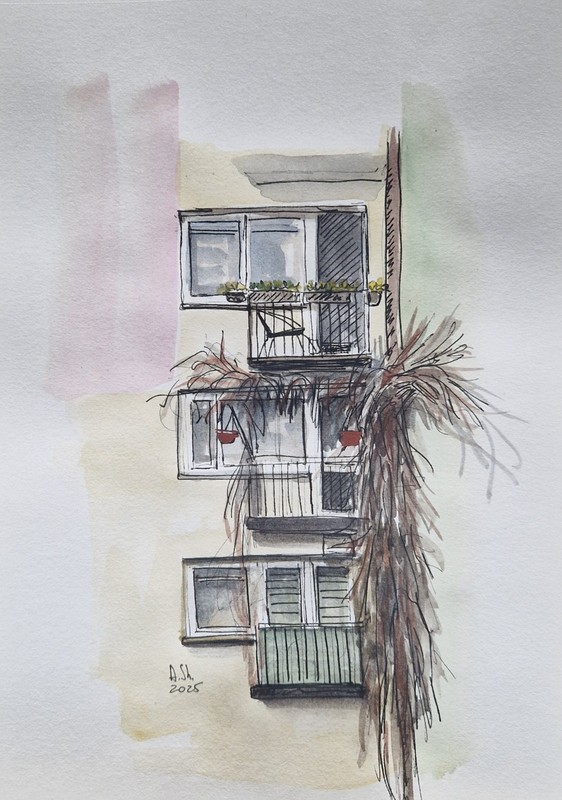 Original Watercolor Urban Sketch A4 – Winter Balconies Drawing