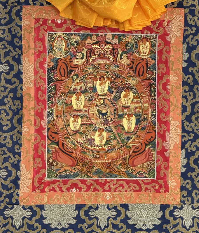 WHEEL OF LIFE BUDDHA MANDALA ORIGINAL TIBETAN THANGKA PAINTING WITH SILK BROCADE gallery
