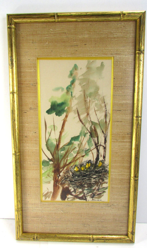 Original Watercolor BIRDS IN NEST G. SCHERER MCM «Bamboo» Frame Painting Artwork