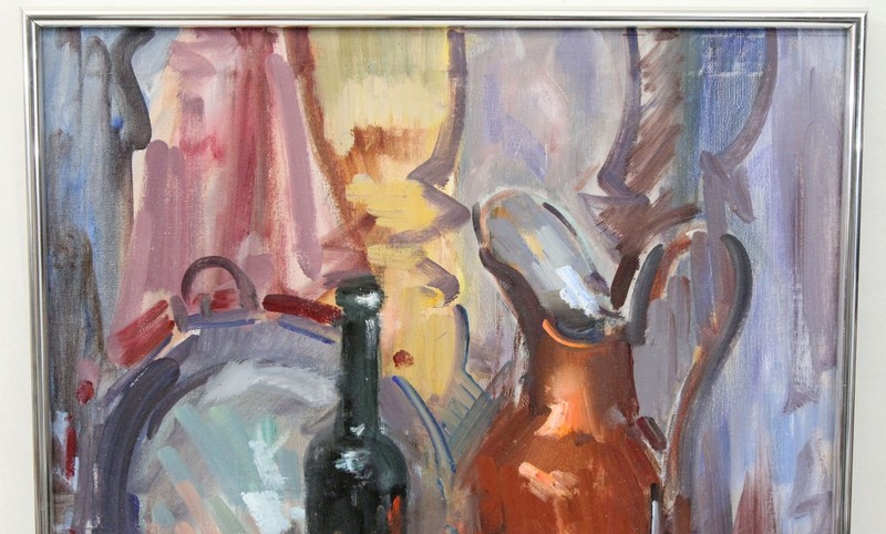 22x28 Mid Century Vintage Oil Painting Still Life Fruit Watermelon Wine Bottle gallery