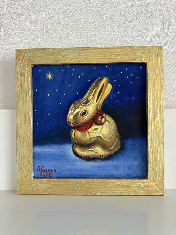 original oil painting Golden Easter Bunny still life 20x20cm Wall Art Gift