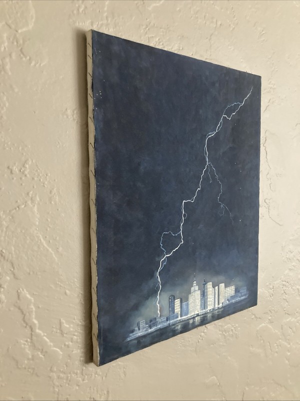 Vintage Original Oil Painting Lightning Strike Nocturne Cityscape Big Skyline gallery