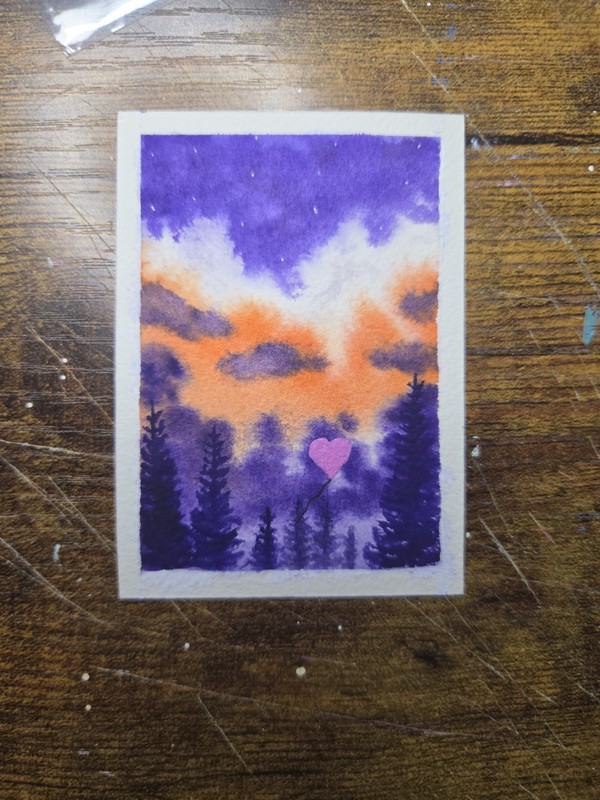 ACEO Original painting Sunset Heart Balloon (2.5×3.5 inches) watercolor/acrylic