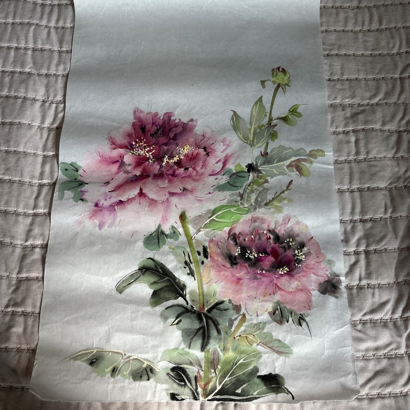 Asian Original brand new large watercolor ”Peonies”watercolor ink painting 17×27
