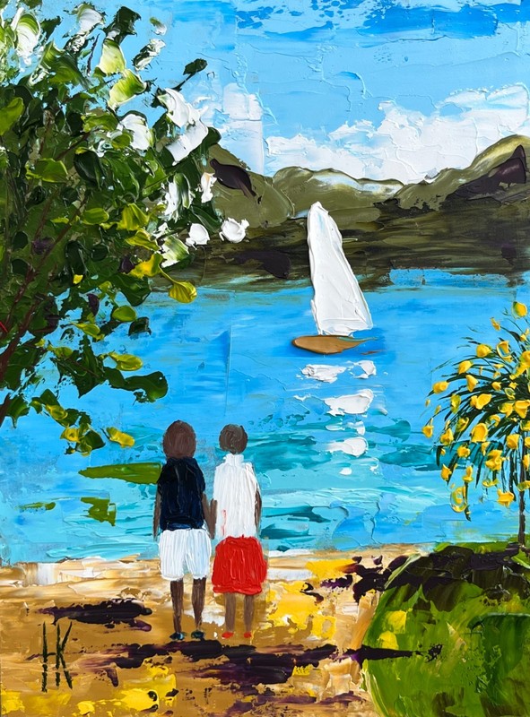 Italy Original Oil Impasto Painting Couple Sailboat Lake Como Art 6 x 8 inches