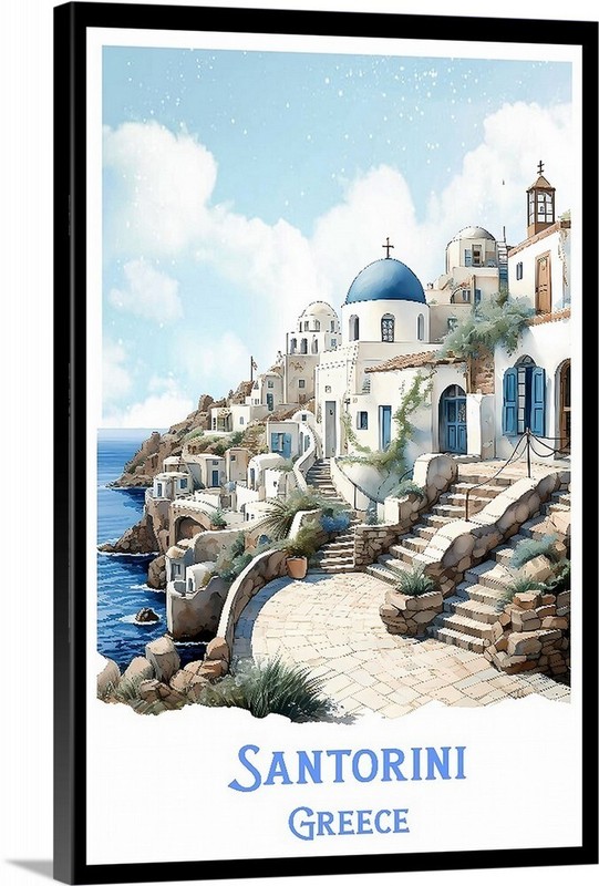 Santorini Greece Retro Travel Poster, Canvas Or Framed 1930s Vintage