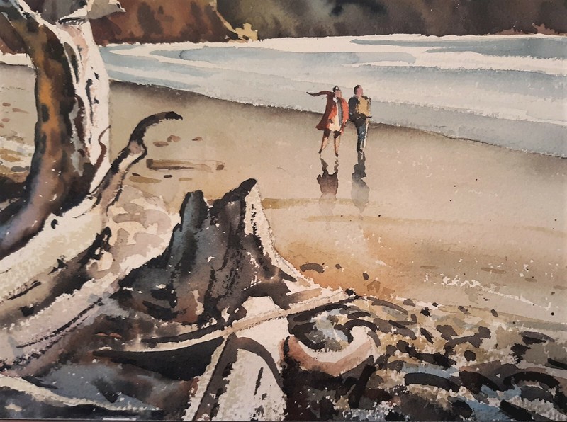 LAST LISTING People Oregon Beach Watercolor Painting Listed Artist Robert Landry gallery