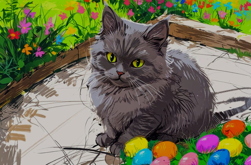 ACEO Mini *Art Print* Gray Cat Kitten & Easter Eggs Flowers Garden by Saulite