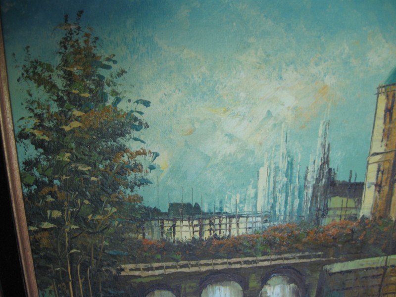 Original painting Signed Rossi Cityscape Water People Frame 29" x 25" gallery