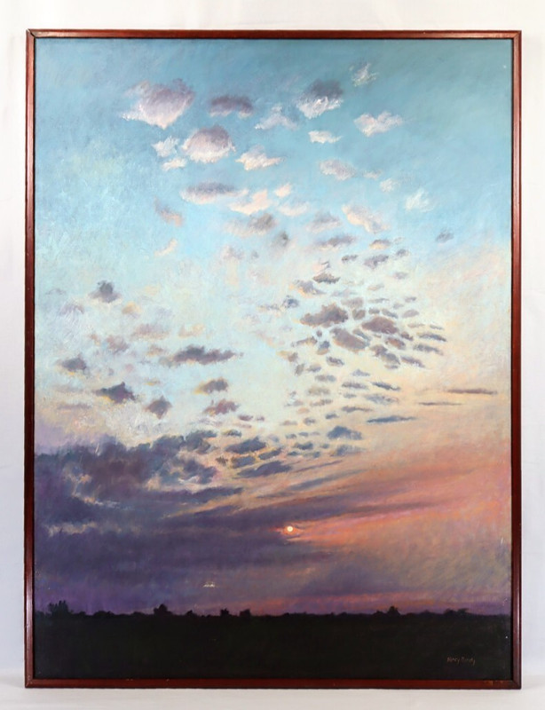 Nancy B. Bandy “Hazy Dawn” 1990 Original Oil Painting Large 36×48 Landscape Sky