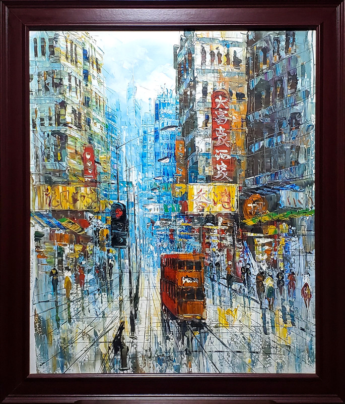 Stunning W. Tong Impressionist Hong Kong Streetscape Oil Painting Framed 23×27″