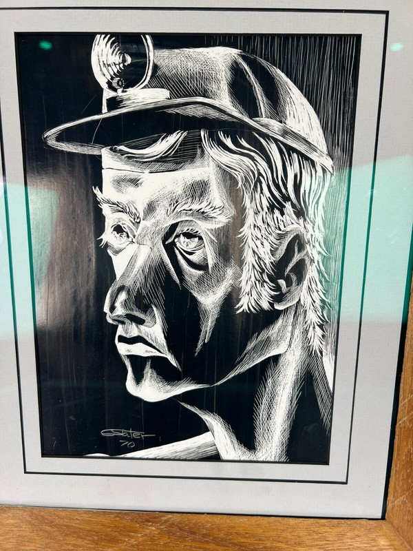 Coal Miner MCM Portrait Scratch Art Scratch Board Etching Signed G. Slater 70