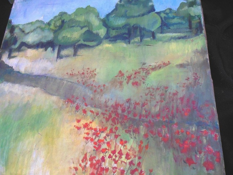 (2) 1947 Impressionistic Oil Landscape Poppy Field Painting Pair sgnd Amy Case gallery