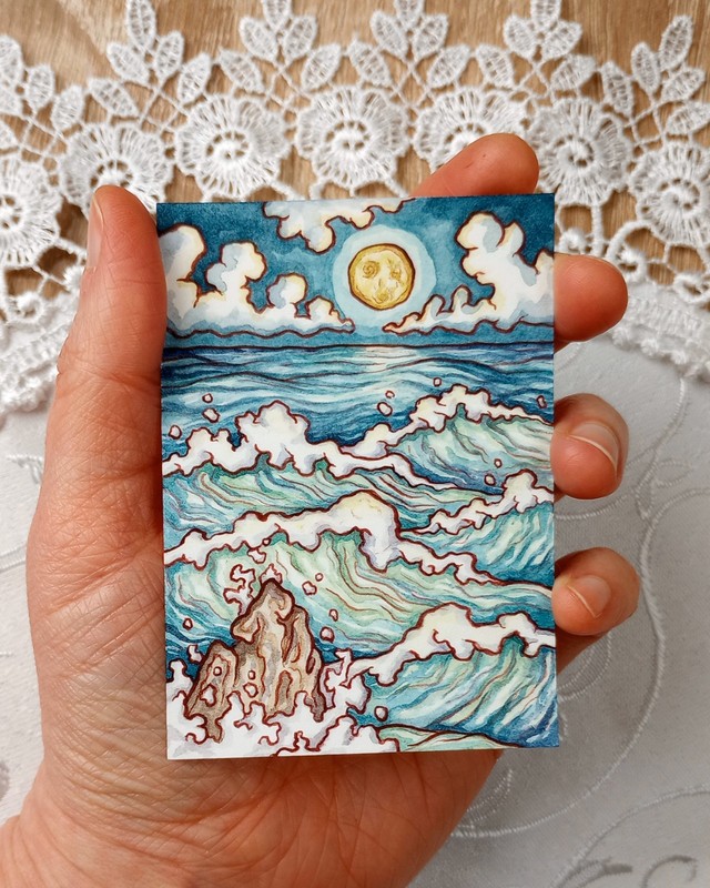 Original ACEO: Watercolor Moonlight Seascape, Ocean Mini (Easel Not Included)