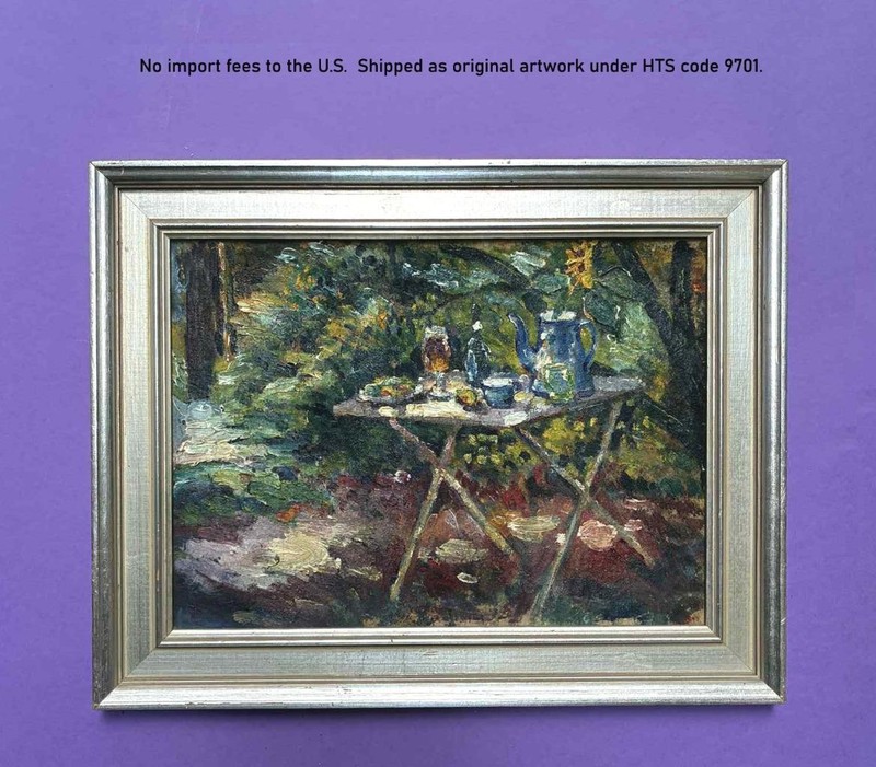 1940s Oil Painting – Impressionist Garden Picnic with Madam Blå Coffee Pot – COA