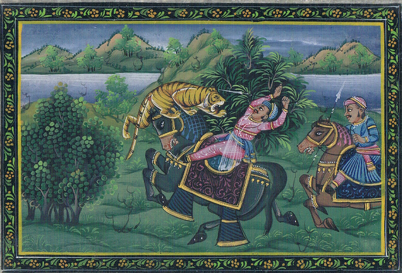 Mughal Indian Miniature Painting Of Hunting scene Tiger On Marble Plate 6x4" gallery