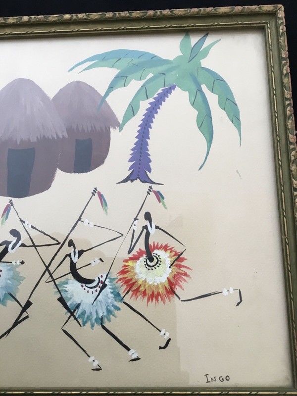 1950’s African Tribal Abstract Folk Art Belgian Congo Gouache Painting On Paper gallery