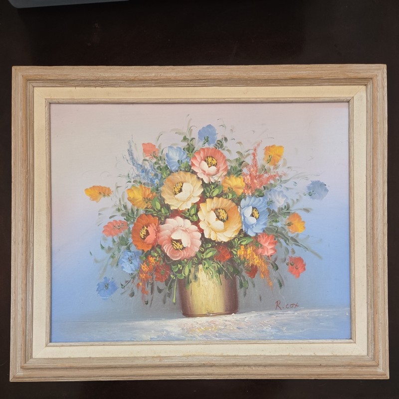 VTG Robert Cox Signed Painted Flower Floral Bouquet Vase Framed Oil Painting