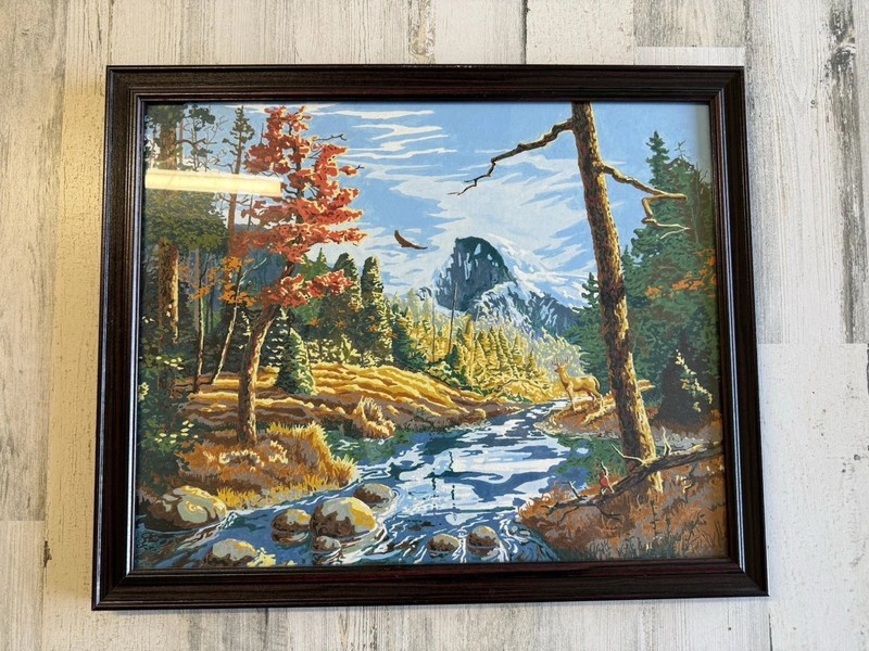 Framed 80s 70s Vtg Paint By Numbers 22×18 Deer Mountains Eagle Forest River
