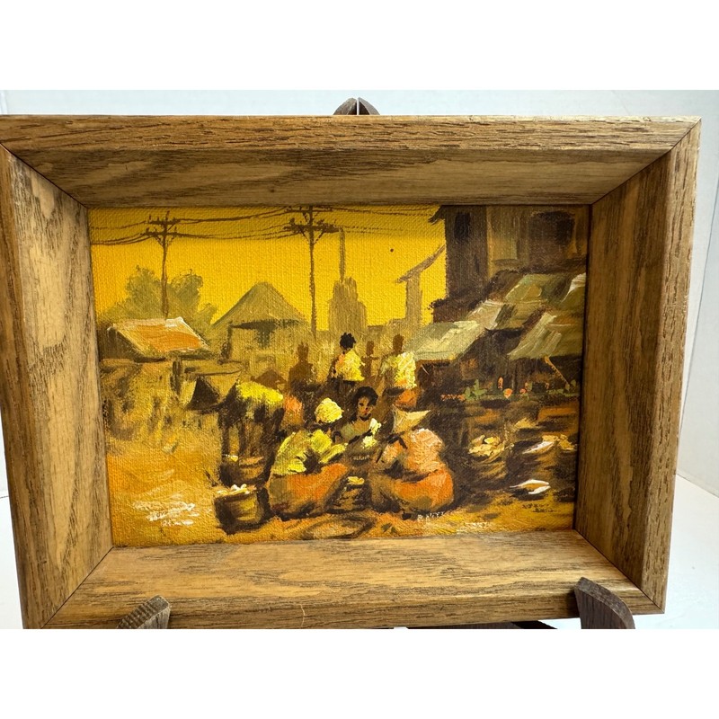 Vintage Mid Century Philippine Market Scene Oil Painting Mabini Style Framed MCM gallery