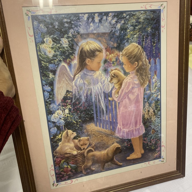 Vintage Home Interiors Decor Guardian Angel and Girl w/ Puppie Wood Framed 18×22