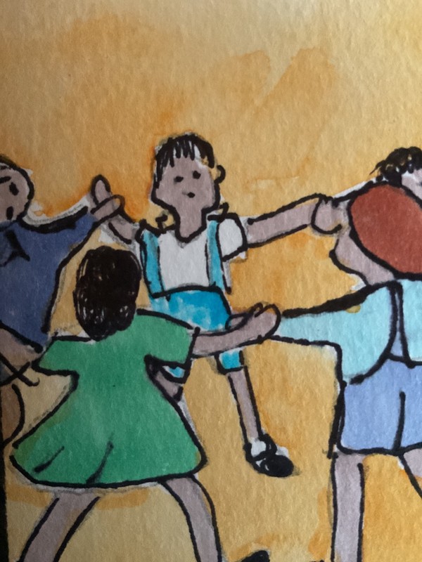 ACEO art by PJ, art card 2.5 x 3.5: ring around the rosies , or Moterboat.
