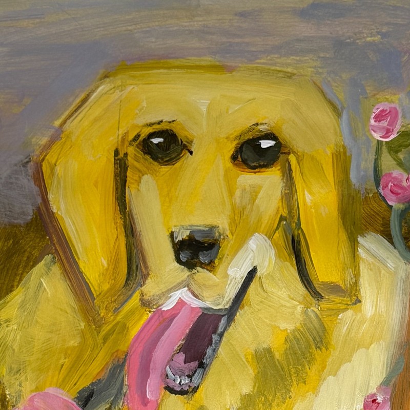 Golden Retriever Dog Painting 14x17 Original Whimsical Folk Art Floral gallery