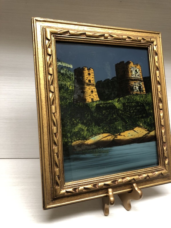 Unique VTG Castle Scene Reverse Painted On Glass With Abalone Shells Wood Frame gallery