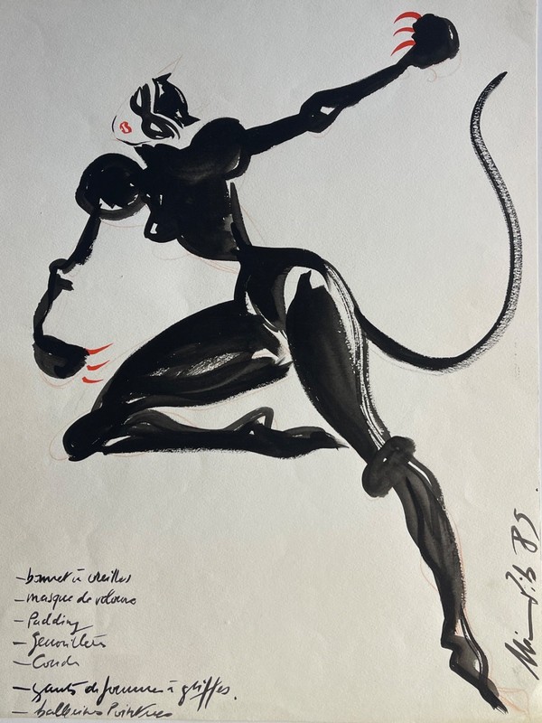 Women Cat Nicole Pibeaut Mode Paris Ink Drawing Signed 1985 France